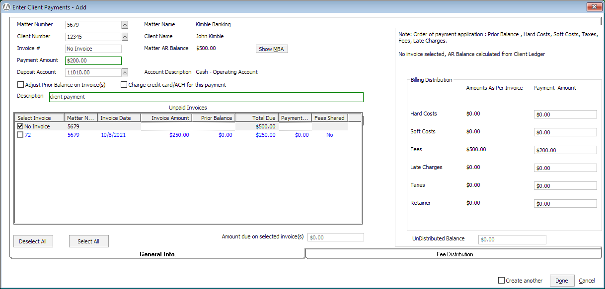 Allocate Fee Distribution for Payments on Account