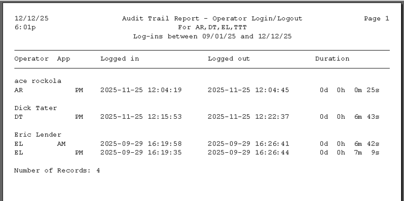 Operator Os. Time Audit Operator Login/Logout Audit Trail Report to Show Login/Logout Dates and ...